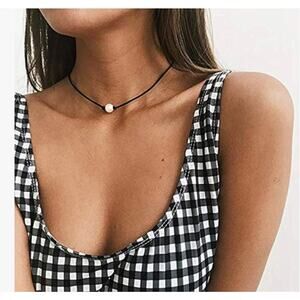 Single Pearl Braided Leather Chain Necklace Black White Coastal 90s Knotted EUC